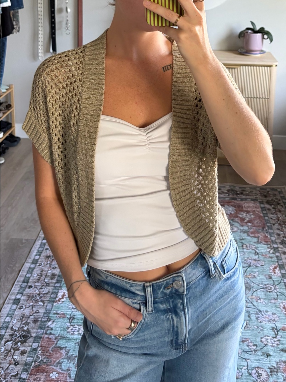 August Silk Beige Open Knit Crochet Shrug Cardigan Size Small